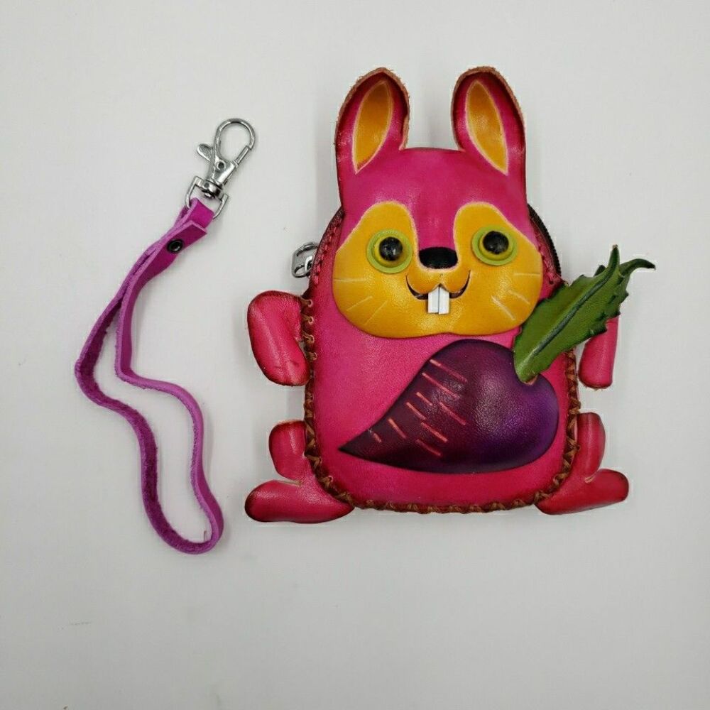 Pink Bunny Rabbit Coin Purse Cute Handmade Leather Small Wallet Kawaii Zip Pouch - Picture 2 of 14